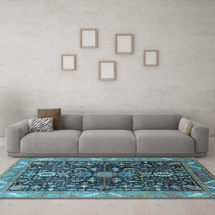 Machine Washable Oriental Light Blue Industrial Rug in a Living Room, wshurb1147lblu