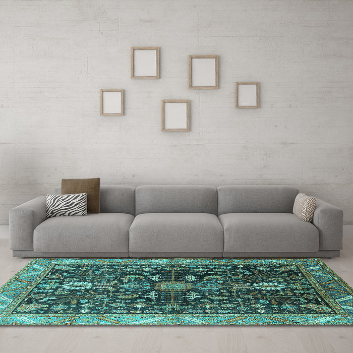 Machine Washable Oriental Turquoise Industrial Area Rugs in a Living Room,, wshurb1147turq
