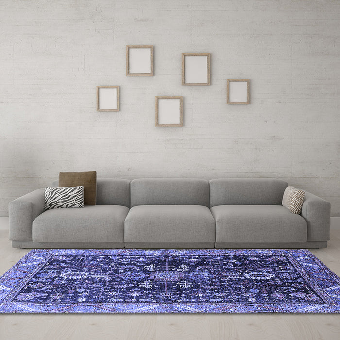 Machine Washable Oriental Blue Industrial Rug in a Living Room, wshurb1147blu