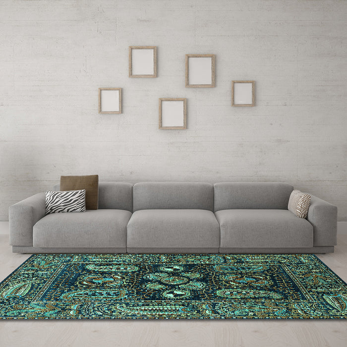 Machine Washable Oriental Turquoise Industrial Area Rugs in a Living Room,, wshurb1148turq