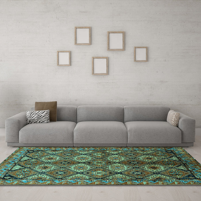 Machine Washable Oriental Turquoise Industrial Area Rugs in a Living Room,, wshurb1149turq