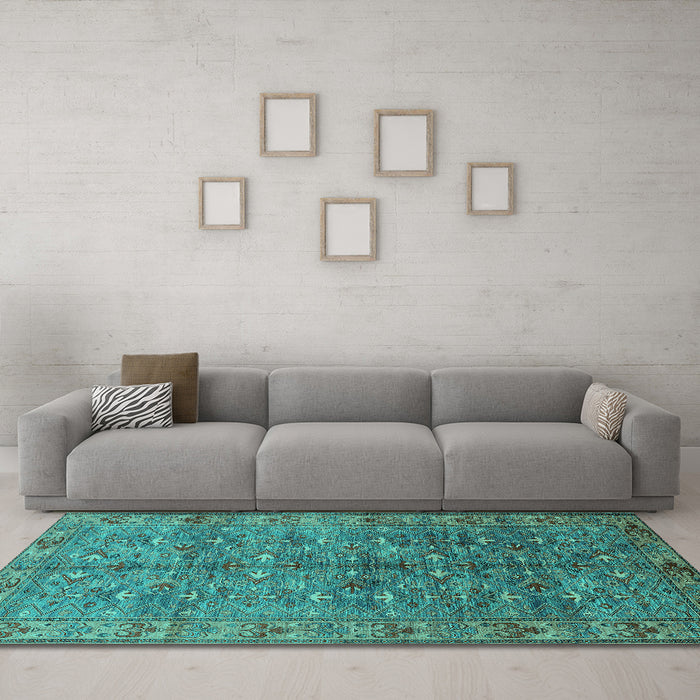 Machine Washable Oriental Turquoise Industrial Area Rugs in a Living Room,, wshurb1150turq