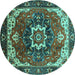 Round Machine Washable Oriental Turquoise Industrial Area Rugs, wshurb1151turq