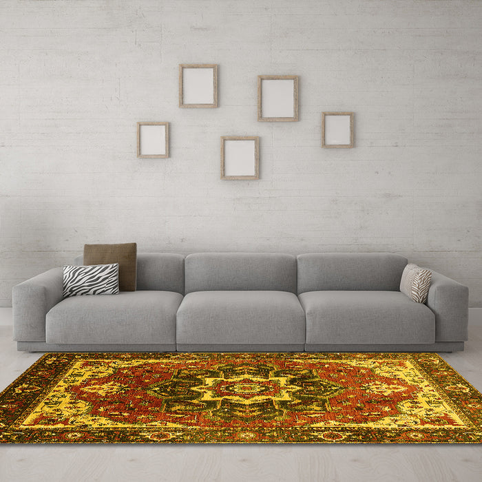 Machine Washable Oriental Yellow Industrial Rug in a Living Room, wshurb1151yw