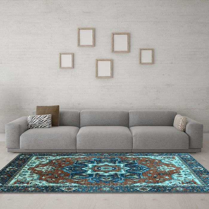 Machine Washable Oriental Light Blue Industrial Rug in a Living Room, wshurb1151lblu