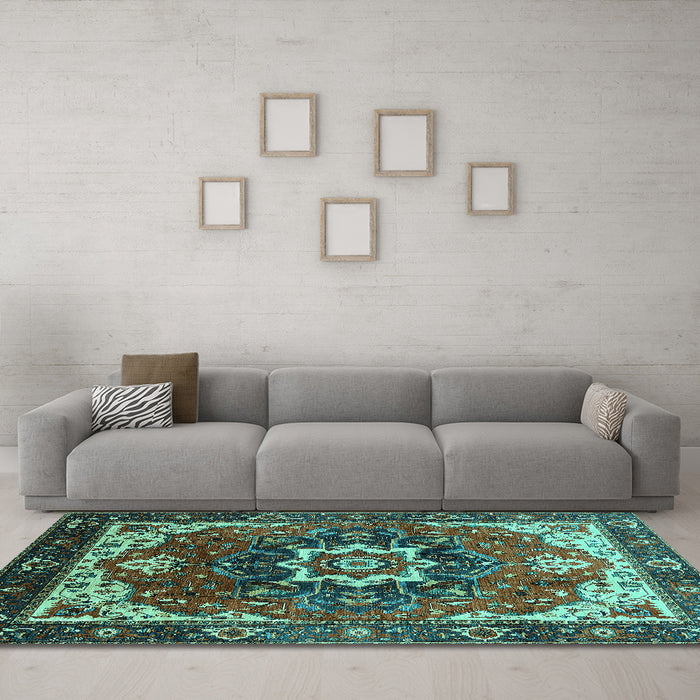 Machine Washable Oriental Turquoise Industrial Area Rugs in a Living Room,, wshurb1151turq