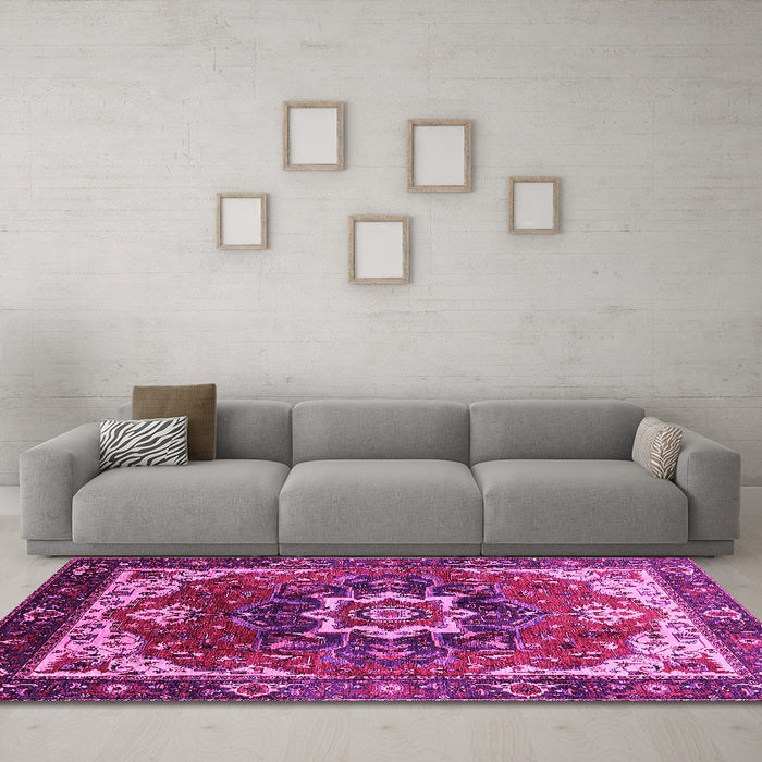 Machine Washable Oriental Pink Industrial Rug in a Living Room, wshurb1151pnk