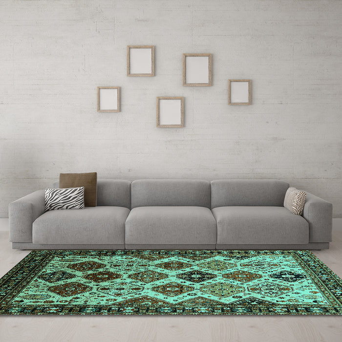 Machine Washable Oriental Turquoise Industrial Area Rugs in a Living Room,, wshurb1152turq