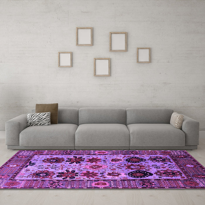 Machine Washable Oriental Purple Industrial Area Rugs in a Living Room, wshurb1153pur