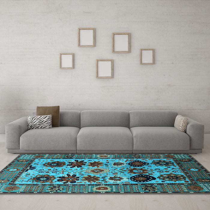Machine Washable Oriental Light Blue Industrial Rug in a Living Room, wshurb1153lblu