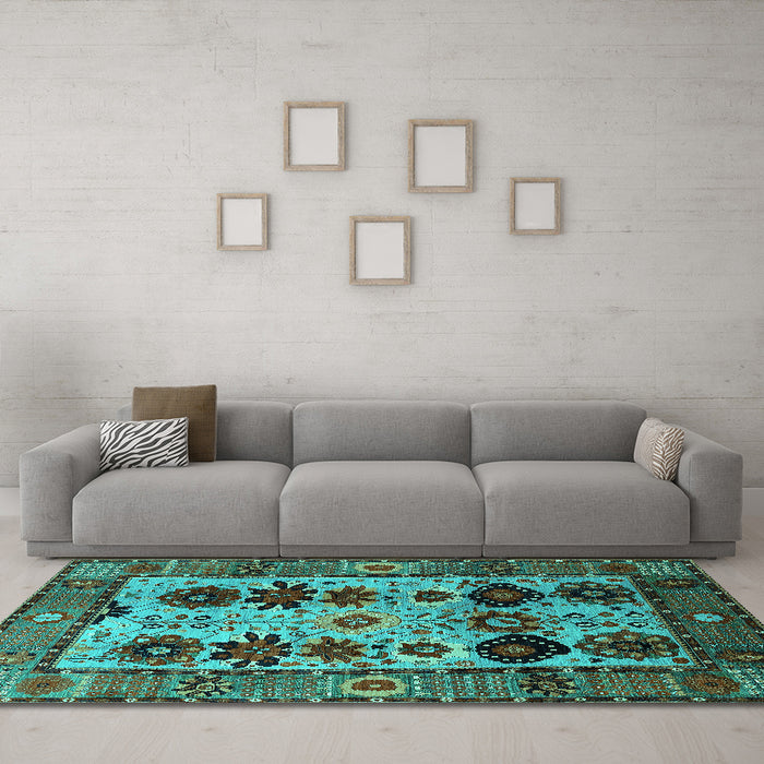 Machine Washable Oriental Turquoise Industrial Area Rugs in a Living Room,, wshurb1153turq