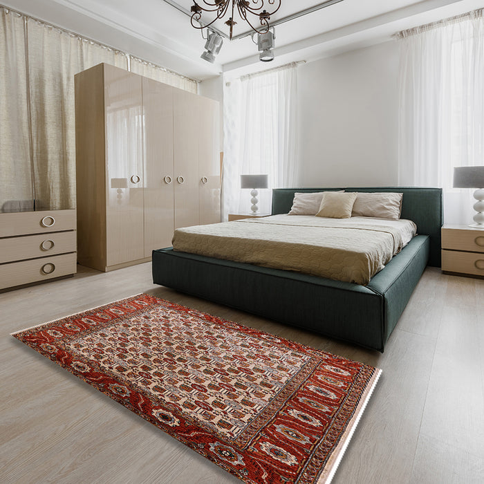 Mid-Century Modern Red Oriental Rug in a Bedroom, urb1154
