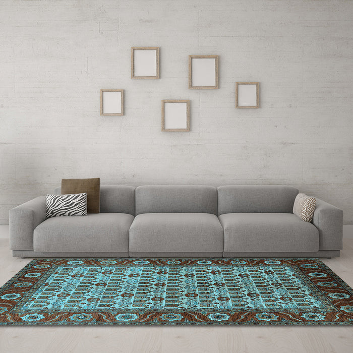 Machine Washable Oriental Light Blue Industrial Rug in a Living Room, wshurb1154lblu