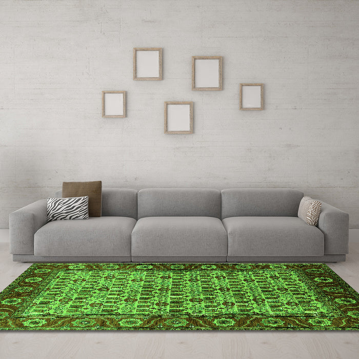 Machine Washable Oriental Green Industrial Area Rugs in a Living Room,, wshurb1154grn
