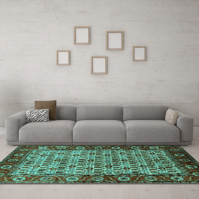 Machine Washable Oriental Turquoise Industrial Area Rugs in a Living Room,, wshurb1154turq
