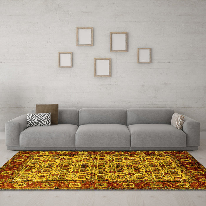 Machine Washable Oriental Yellow Industrial Rug in a Living Room, wshurb1154yw