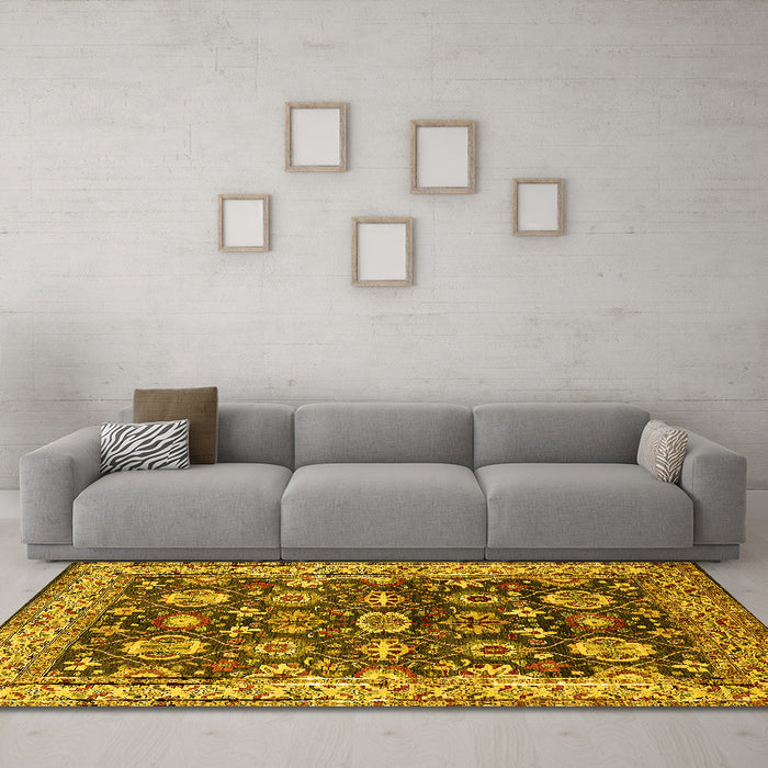 Machine Washable Oriental Yellow Industrial Rug in a Living Room, wshurb1155yw