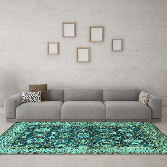 Machine Washable Oriental Turquoise Industrial Area Rugs in a Living Room,, wshurb1155turq