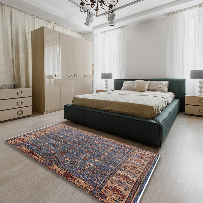 Mid-Century Modern Purple Oriental Rug in a Bedroom, urb1156