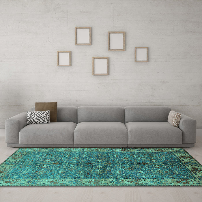 Machine Washable Oriental Turquoise Industrial Area Rugs in a Living Room,, wshurb1156turq