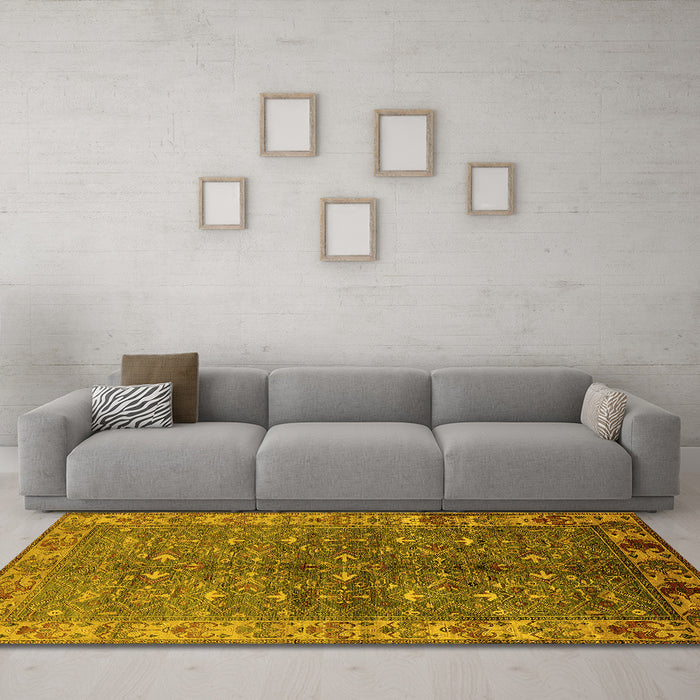 Machine Washable Oriental Yellow Industrial Rug in a Living Room, wshurb1156yw