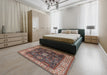 Mid-Century Modern Camel Brown Oriental Rug in a Bedroom, urb1157