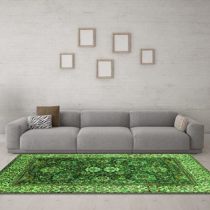 Machine Washable Oriental Green Industrial Area Rugs in a Living Room,, wshurb1157grn