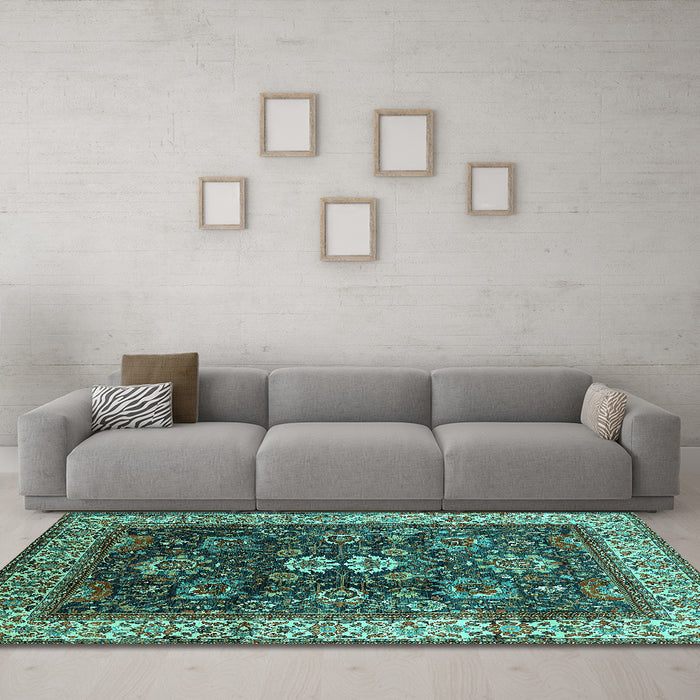 Machine Washable Oriental Turquoise Industrial Area Rugs in a Living Room,, wshurb1157turq