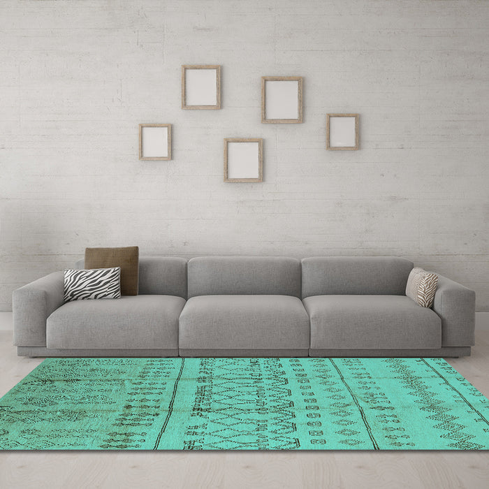 Machine Washable Oriental Turquoise Industrial Area Rugs in a Living Room,, wshurb1159turq