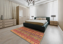 Mid-Century Modern Bright Maroon Red Oriental Rug in a Bedroom, urb1165