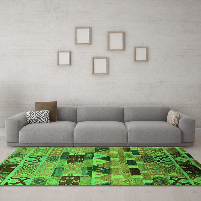 Machine Washable Southwestern Green Country Area Rugs in a Living Room,, wshurb1173grn