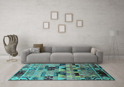 Machine Washable Southwestern Turquoise Country Area Rugs in a Living Room,, wshurb1173turq