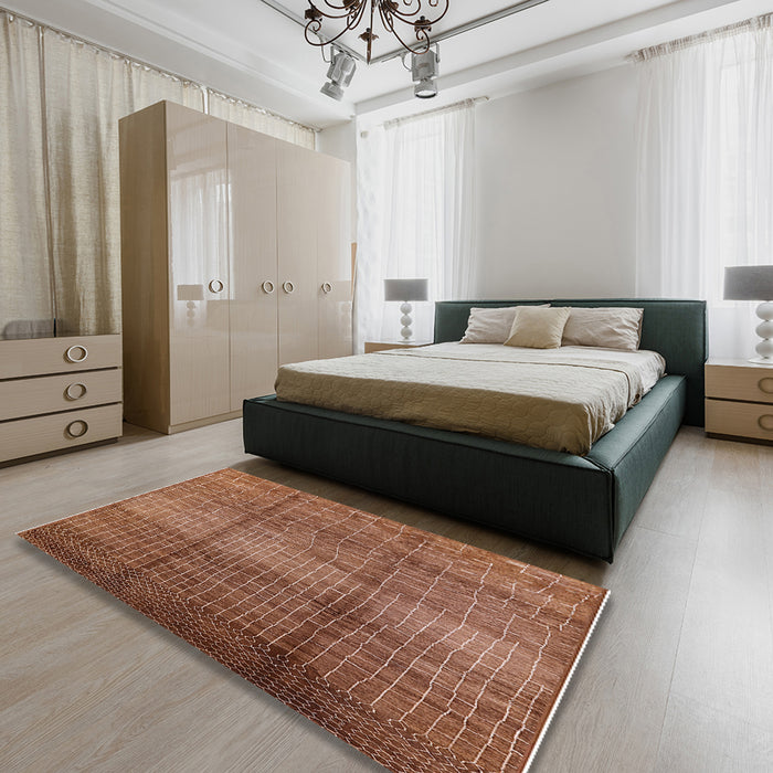 Mid-Century Modern Mahogany Brown Solid Rug in a Bedroom, urb1179
