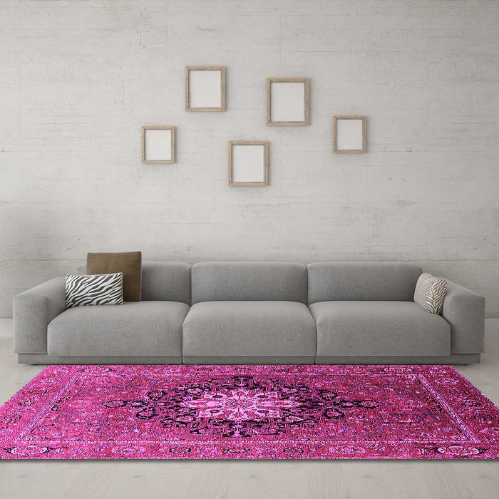 Machine Washable Oriental Pink Industrial Rug in a Living Room, wshurb1198pnk