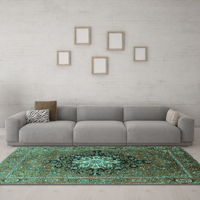 Machine Washable Oriental Turquoise Industrial Area Rugs in a Living Room,, wshurb1198turq