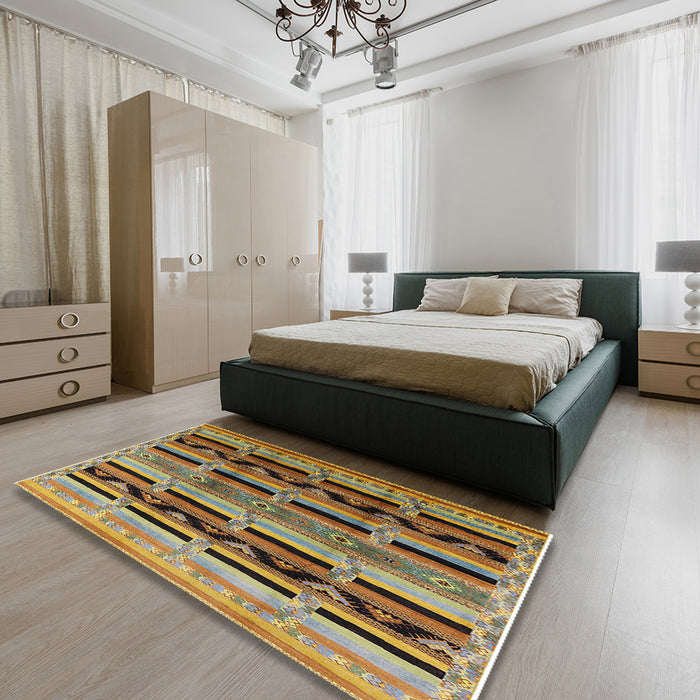 Mid-Century Modern Copper Green Oriental Rug in a Bedroom, urb1200