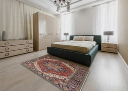 Mid-Century Modern Camel Brown Persian Rug in a Bedroom, urb1201