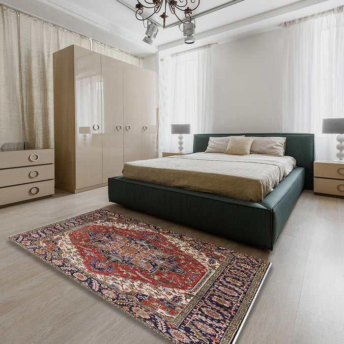 Mid-Century Modern Camel Brown Persian Rug in a Bedroom, urb1201