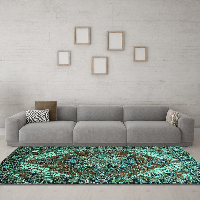 Machine Washable Persian Turquoise Traditional Area Rugs in a Living Room,, wshurb1201turq