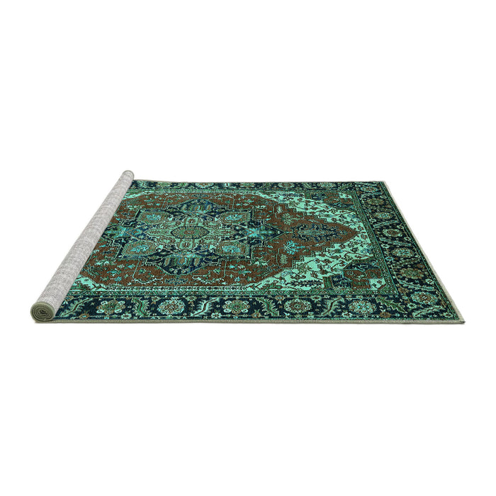 Sideview of Machine Washable Persian Turquoise Traditional Area Rugs, wshurb1201turq