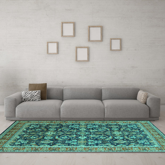 Machine Washable Oriental Turquoise Industrial Area Rugs in a Living Room,, wshurb1202turq