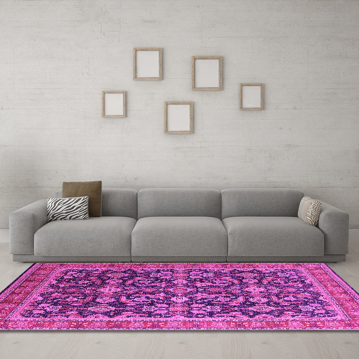 Machine Washable Oriental Pink Industrial Rug in a Living Room, wshurb1202pnk