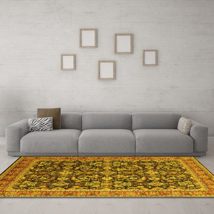 Machine Washable Oriental Yellow Industrial Rug in a Living Room, wshurb1202yw