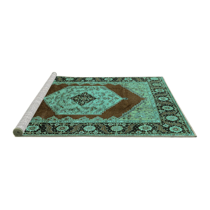 Sideview of Machine Washable Persian Turquoise Traditional Area Rugs, wshurb1203turq