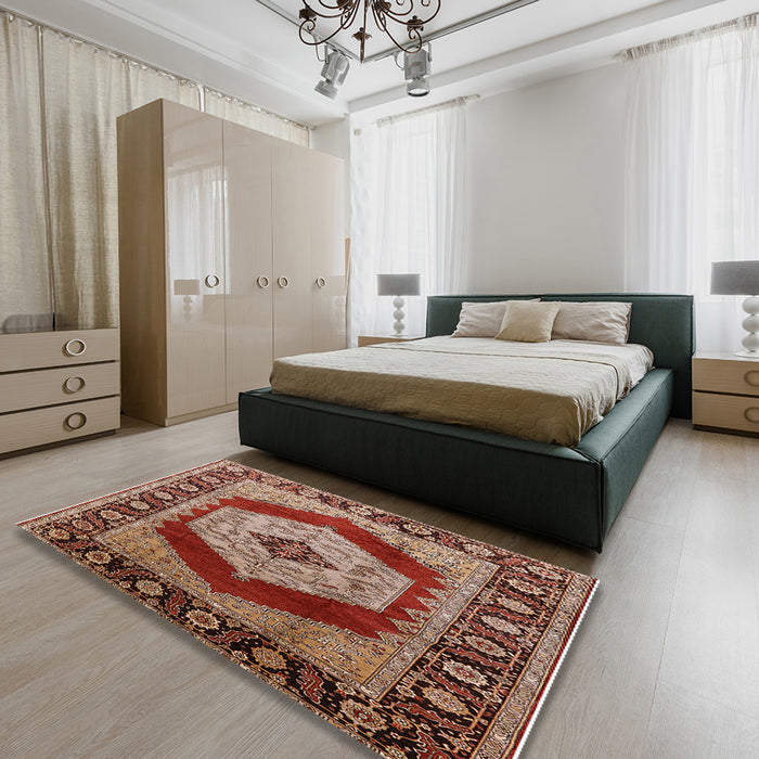 Mid-Century Modern Light Copper Gold Persian Rug in a Bedroom, urb1203