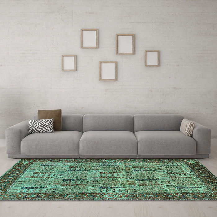 Machine Washable Oriental Turquoise Industrial Area Rugs in a Living Room,, wshurb1204turq