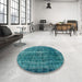 Round Mid-Century Modern Teal Green Oriental Rug in a Office, urb1205