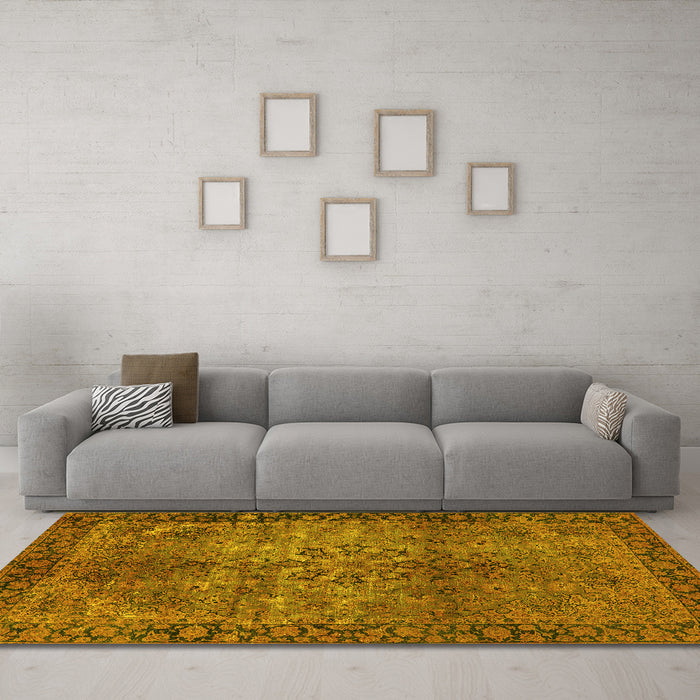 Machine Washable Oriental Yellow Industrial Rug in a Living Room, wshurb1209yw