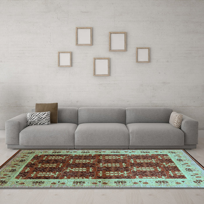 Machine Washable Oriental Light Blue Traditional Rug in a Living Room, wshurb1218lblu