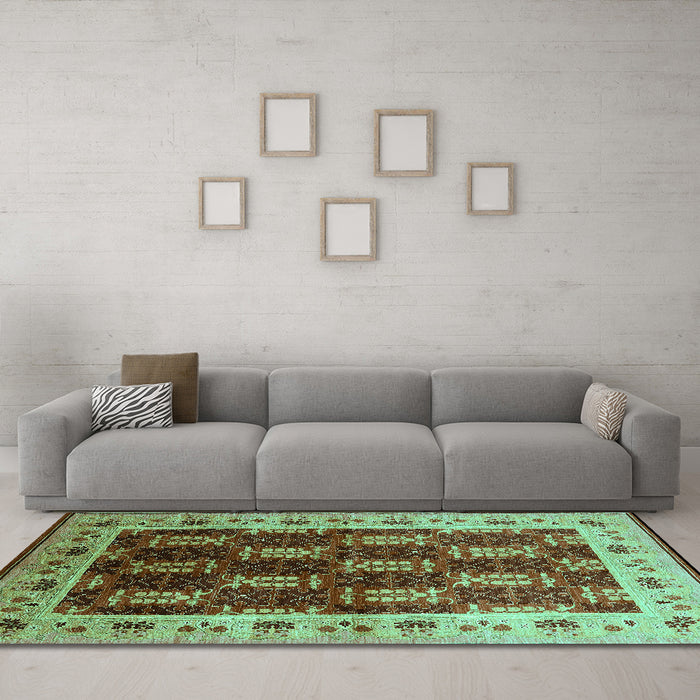 Machine Washable Oriental Turquoise Traditional Area Rugs in a Living Room,, wshurb1218turq